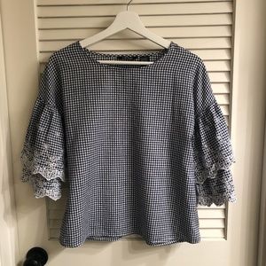 Life Style Blue & White Checkered Top with Two Tiered Sleeves